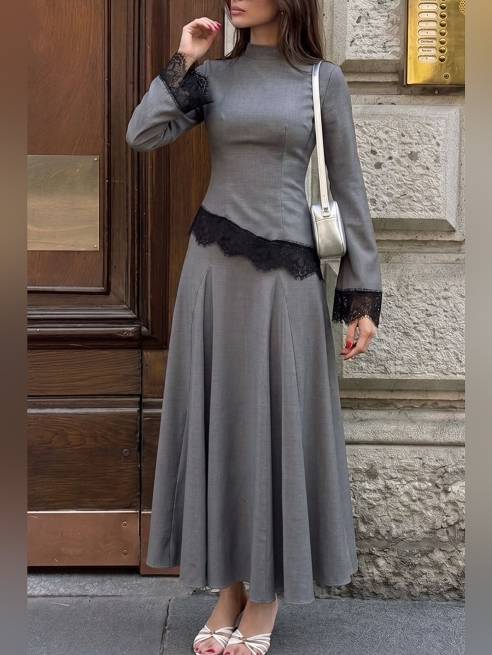Lace Detail Mock Neck Top and Skirt Set